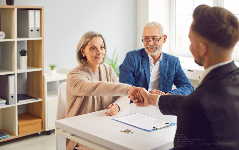 Senior Couple, Happy Old People And Realtor Handshake Deal In Office